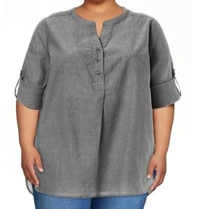 Ellos Striped Cotton Tunic Top Black White Henley Roll Tab Sleeve Popover Sz 2X